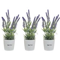 Lavendel bloemen kunstplant in bloempot - 3x - paarse bloemen - 10 x 36 cm