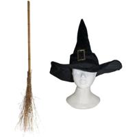 Funny Fashion Heksen verkleed set - voor dames - luxe heksenhoed - met bezem van 110 cm