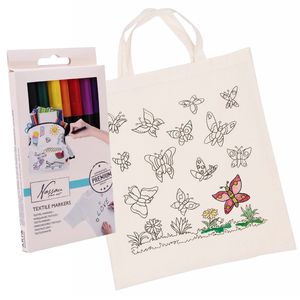 Inkleurbaar tasje met vlinder motief incl 8x textielstiften - katoen - 38 x 42 cm