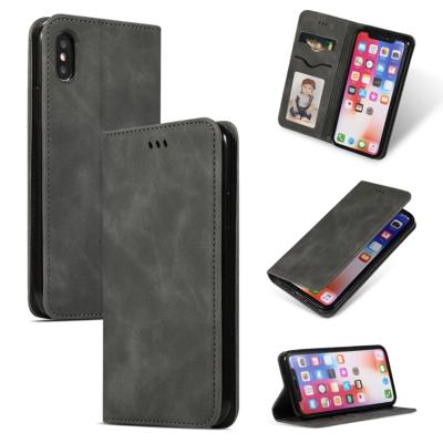 Retro huid feel Business magnetische horizontale Flip lederen case voor de iPhone XS Max (donkergrijs)