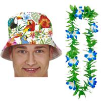 Carnaval verkleed set - Tropische Hawaii party - bucket hoedje - met bloemenslinger - volwassenen