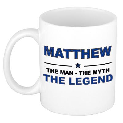 Matthew cadeau mok - man myth legend - naam koffiemok / beker - wit en blauw - 300 ml Matthew cadeau mok - man myth legend - naam koffiemok / beker - wit en blauw - 300 ml
