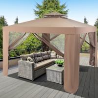 Luifel Tuinpaviljoen 3 x 3m Dubbele Tiered Dak Zacht Boven Buiten Onderdak Tuin Tent met Stalen Frame Muskietengaas Bruin/Beige