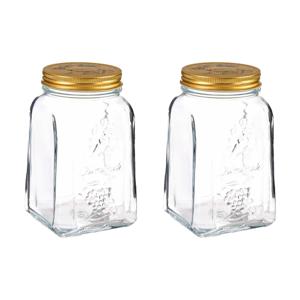 Voorraadpot/bewaarpot Square - 2x - glas - 1L - transparant/goud - D10 x H17 cm - voedsel bewaren