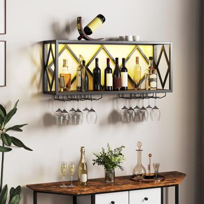 Wand Wijnrek met LED Verlichting & 6 Rijen Wijnglas Houders 2 Niveaus Houten Flessenrek