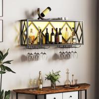 Wand Wijnrek met LED Verlichting & 6 Rijen Wijnglas Houders 2 Niveaus Houten Flessenrek