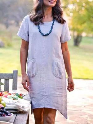 Casual Pocket Stitching Plain Short Sleeve Crew Neck Tunic Dress