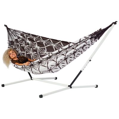 Familie hangmat met metalen standaard - 400x180cm - Bruin - 200kg draagkracht- 100% katoen - binnen & buiten