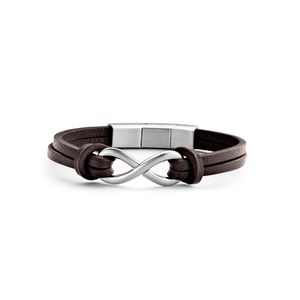 Frank 1967 7FB 0297 Armband staal/leder Infinity donkerbruin 20-21 cm