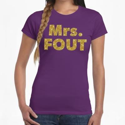 Verkleed t-shirt voor dames - Mrs. Fout - goud glitter - paars - foute party kleding