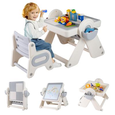 9-in-1 Multifunctionele Kinderbureau- en Stoelset Met Opvouwbaar Kinderbureau En Omkeerbaar Tafelblad-Grijs