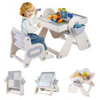 9-in-1 Multifunctionele Kinderbureau- en Stoelset Met Opvouwbaar Kinderbureau En Omkeerbaar Tafelblad-Grijs