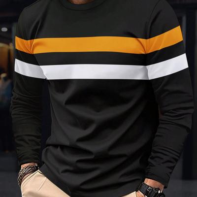 Men's Colorblock Striped Long Sleeve T-Shirt - Round Neck Top Black / M