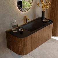 Mondiaz KURVE 110 cm Onderkast Greeploos 1 Lade Met Deuren Walnut, Wastafel Solid Surface Midden Urban 1 Kraangat Zonder Spiegel (KRVCLO110L+R1L2D1KM-Wal/Urb)