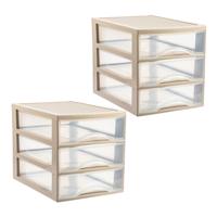 Ladekastje bureau organizer - 2x - 3 lades - beige/transparant - L26 x B35 x H27 cm - kunststof