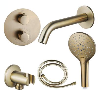 Fortifura Calvi Badkraan set - uitloop - 22cm inkortbaar - rond bedieningspaneel - gladde slang - ronde handdouche - inbouwdeel - wandhouder - geborsteld messing SW720569/SW728176/SW799451/SW1122513/SW720570/SW11