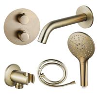 Fortifura Calvi Badkraan set - uitloop - 22cm inkortbaar - rond bedieningspaneel - gladde slang - ronde handdouche - inbouwdeel - wandhouder - geborsteld messing SW720569/SW728176/SW799451/SW1122513/SW720570/SW11