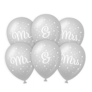 6x stuks Mr. &amp; Mrs huwelijks feest ballonnen - zilver/wit - latex - ca 30 cm   -