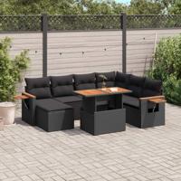 8-delige Loungeset met kussens poly rattan zwart