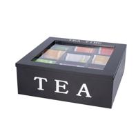 Bellatio design Theedoos - zwart - 9 vaks - Tea Time - hout - L23 x H8 cm