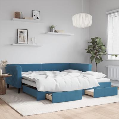 Slaapbank met onderschuifbed en lades 100x200 cm fluweel blauw