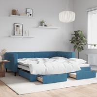 Slaapbank met onderschuifbed en lades 100x200 cm fluweel blauw