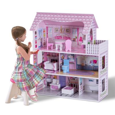 71cm Houten Poppenhuis Poppenhuis Villa Speelgoed voor Meisje 3 Niveaus met Meubilair en Accessoires Roze