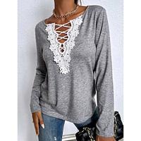 Dames T-shirt Geklede topjes Effen Kleur Kant Lapwerk Dagelijks Stijlvol Lange mouw V-hals Lichtgrijs Lente Herfst Lightinthebox - thumbnail