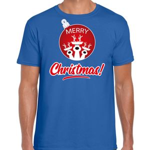 Rendier Kerstbal shirt / Kerst t-shirt Merry Christmas blauw voor heren