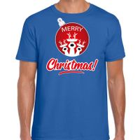 Rendier Kerstbal shirt / Kerst t-shirt Merry Christmas blauw voor heren