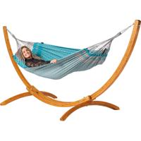 Eenpersoons hangmat met houten standaard - 300x140cm - BlauwGroen - 120kg draagkracht- 100% katoen - binnen & buiten Eenpersoons hangmat met houten standaard - 300x140cm - BlauwGroen - 120kg draagkracht- 100% katoen - binnen & buiten