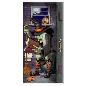 Halloween deurposters heks op toilet - Feestposters