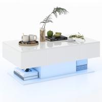 Moderne LED Salontafel Bijzettafel met 2 Niveaus met 20 Gekleurde LED-Lampjes en 2 Opbergladen Rechthoekige Centrale Tafel Wit