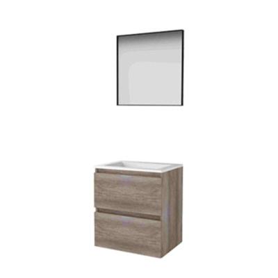 Basic-Line Framed 46 Badkamermeubelset - 60 x 46 cm - Greeploos - 2 Lades - Acryl Wastafel - Zonder Kraangat - Spiegel met Zwart Aluminium Frame - Scotch Oak