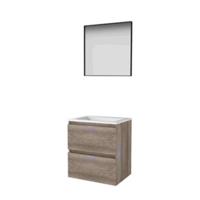 Basic-Line Framed 46 Badkamermeubelset - 60 x 46 cm - Greeploos - 2 Lades - Acryl Wastafel - Zonder Kraangat - Spiegel met Zwart Aluminium Frame - Scotch Oak