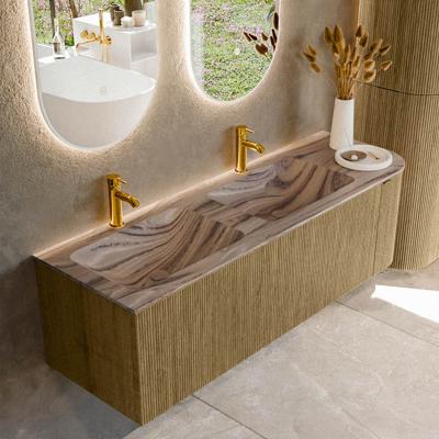 Badmeubel Mondiaz Kurve-Dlux | 145 cm | Meubelkleur Dusk | Wastafelkleur Sombra | Solid surface | Dubbel / Links spoelbak | 2 kraangaten