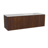 Storke Ribs zwevend badmeubel 150 x 52 cm notenhout met Mata asymmetrisch rechtse wastafel in solid surface mat wit, Verticale symmetrische rechte ribbel