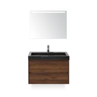 Dante Badmeubelset 80 cm - Walnoot - Wastafel Hardsteen Wit Lucca - met Sence Spiegel