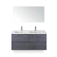 Porto Badmeubelset 120 cm - 4 laden Beton Antraciet - Keramische Wastafel Wit Slim - met Spiegel