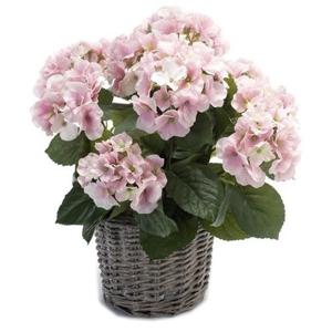 Kunstplant Hortensia bloemen in mand - Roze - H45 cm - Kunstplanten/nepplanten met bloemen