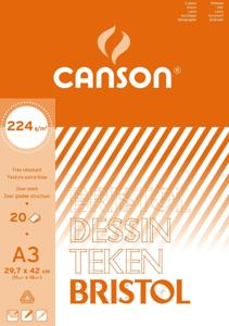 Canson tekenpapier Bristol, 224 g, ft 29,7 x 42 cm, A3, blok van 20 vel