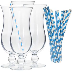 Cocktail set van 4x cocktail glazen en 100x rietjes - 440 ml - blauw