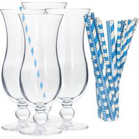 Cocktail set van 4x cocktail glazen en 100x rietjes - 440 ml - blauw - thumbnail