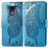 Butterfly Love bloemen reliëf horizontale Flip lederen case voor LG K50 met houder & kaartsleuven & portemonnee & Lanyard (blauw)