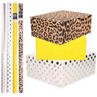 8x Rollen transparante folie/inpakpapier pakket - panterprint/geel/wit met stippen 200 x 70 cm - Cadeaupapier - thumbnail