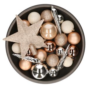 Decoris kerstballen set - 34-dlg - bruin/wit/zilver - incl. piek - kunststof - kerstversiering