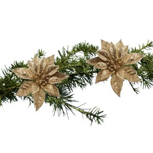 Kerst bloemen 2x stuks kunststof goud - op clip - 18 cm