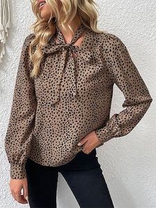 Women's Leopard Polka Dot Bow Blouse Long Sleeve T-Shirt Casual Clothing