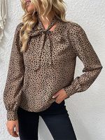 Women's Leopard Polka Dot Bow Blouse Long Sleeve T-Shirt Casual Clothing - thumbnail
