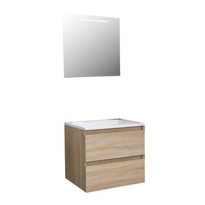 Badkamermeubel BWS Pepper Acryl Wastafel Zonder Kraangat Inclusief Spiegel Met LED Verlichting 60x55x46 cm Eiken